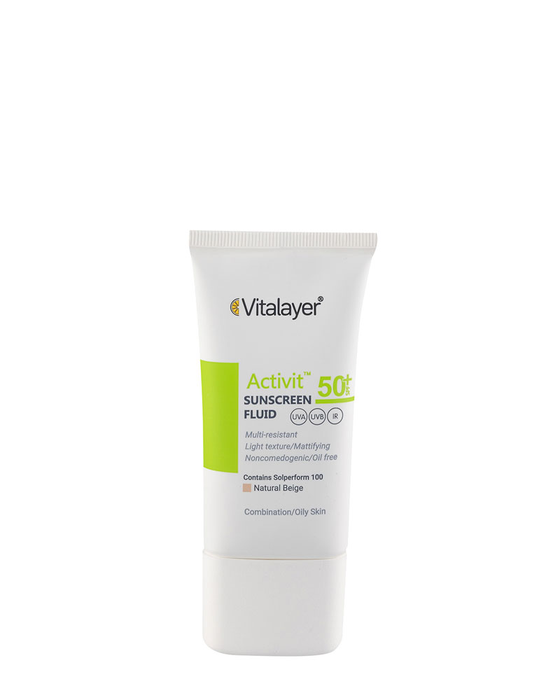 Vitalayer-Activit-Sunscreen-Fluid-Colored-50-ml فلوئید ضد آفتاب رنگی ویتالیر مدل اکتیویت نچرال بژ حجم 50 میلی لیتر Vitalayer Activit Sunscreen Fluid Colored 50 ml zolfom زلفوم آموزش و فروش تخصصی مراقبت از مو و پوست