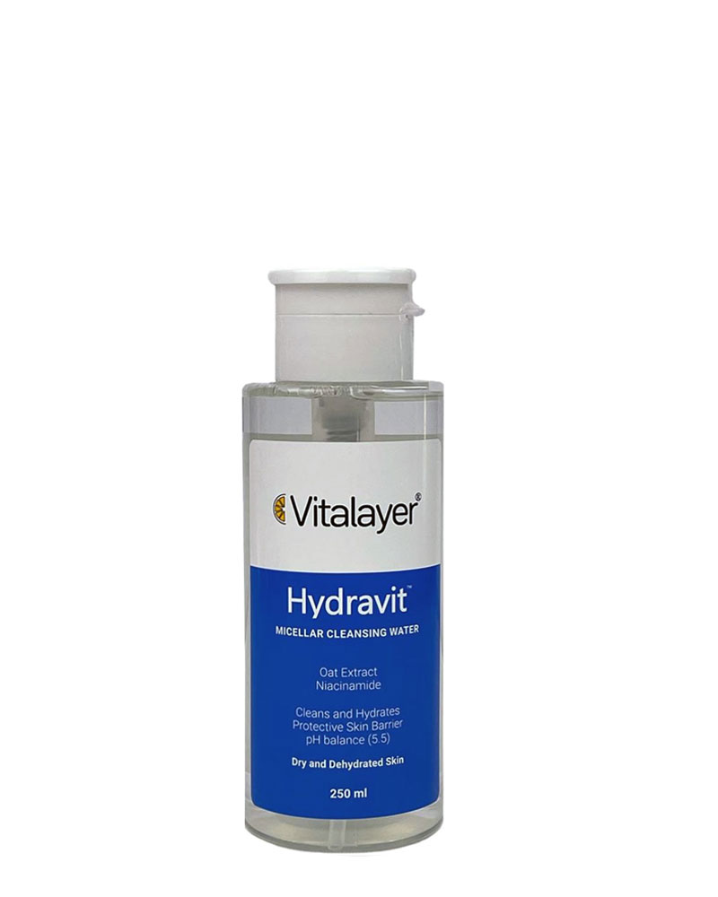 میسلار واتر ویتالیر مدل Hydravit مناسب پوست خشک حجم 250 میلی لیتر Vitalayer Hydravit Micellar Cleansing Water 250 ml zolfom زلفوم آموزش و فروش تخصصی مراقبت از مو و پوست