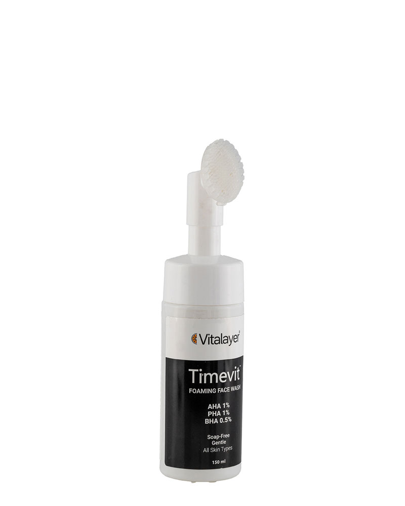 فوم شستشو ویتالیر مدل Timevit مناسب انواع پوست حجم 150 میلی لیتر Vitalayer Timevit Foaming Face Wash For All Skin Types 150 ml zolfom زلفوم آموزش و فروش تخصصی مراقبت از مو و پوست