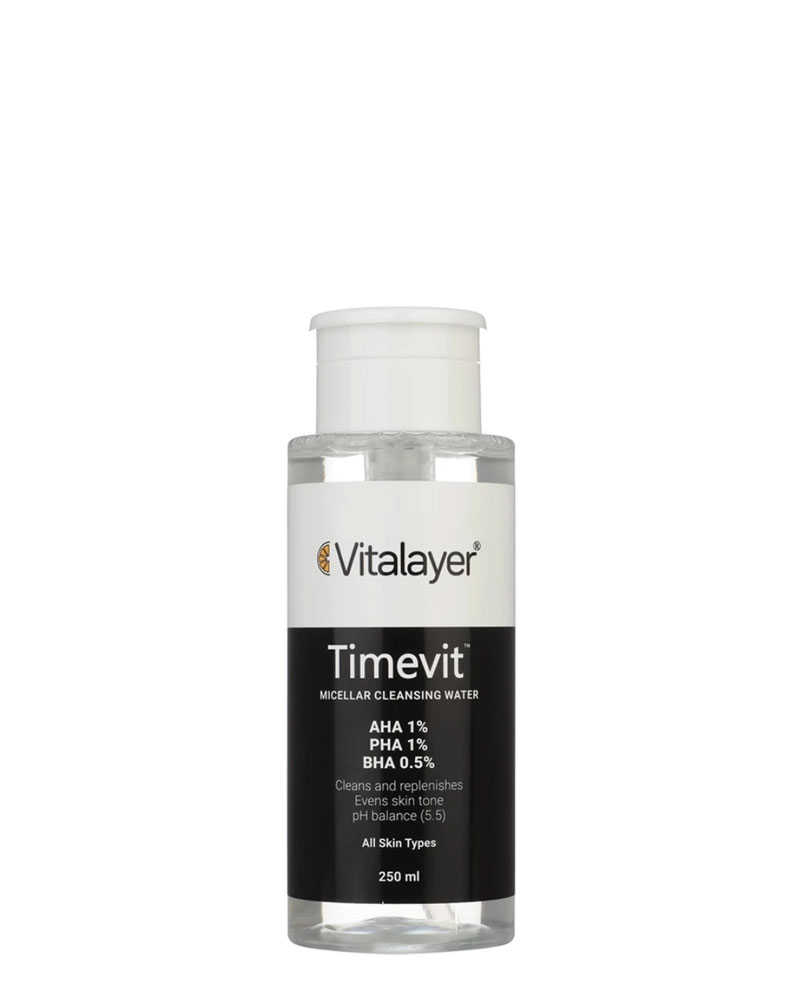 میسلارواتر ویتالیر مدل Timevit مناسب انواع پوست حجم 250 میلی لیتر Vitalayer Timevit For All Skin Types 250 ml zolfom زلفوم آموزش و فروش تخصصی مراقبت از مو و پوست