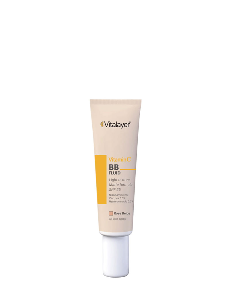 بی بی کرم رز بژ فلوئید ویتالیر با SPF25 دارای ویتامین C حجم 30 میلی لیتر Vitalayer Fluid BB Cream 30 ml zolfom زلفوم آموزش و فروش تخصصی مراقبت از مو و پوست