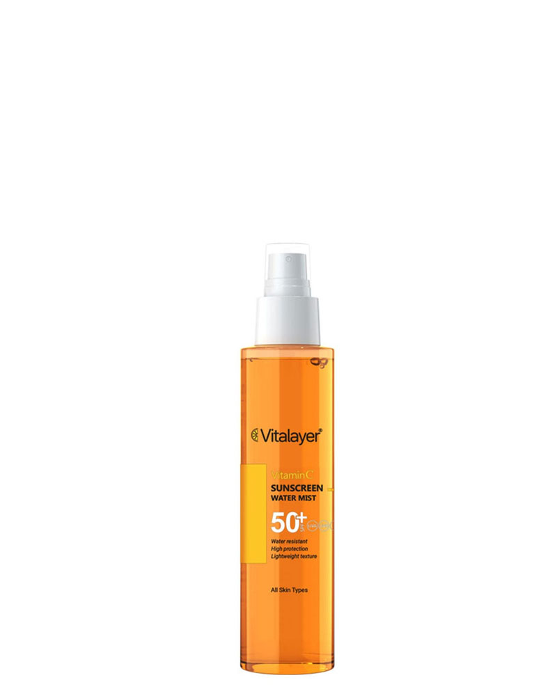 اسپری ضد آفتاب دو فاز ویتالیر با SPF50 دارای ویتامین سی حجم 150 میلی لیتر Vitalayer Vitamin C Spf50 Sunscreen Spray 150 ml zolfom زلفوم آموزش و فروش تخصصی مراقبت از مو و پوست