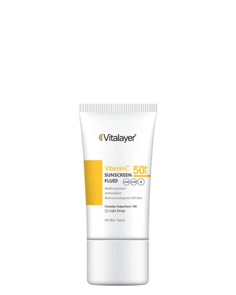 Vitalayer Vitamin C Sunscreen Fluid Colored 50 ml فلوئید ضد آفتاب رنگی ویتالیر مدل Vitamin C حجم 50 میلی لیتر zolfom زلفوم آموزش و فروش تخصصی مراقبت از مو و پوست