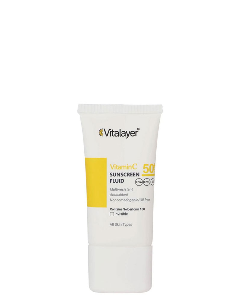 Vitalayer-Vitamin-C-Sunscreen-Fluid-Invisible-50-ml فلوئید ضد آفتاب بی رنگ ویتامین C ویتالیر با SPF50 حجم 50 میلی لیتر Vitalayer Vitamin C Sunscreen Fluid Invisible 50 ml zolfom زلفوم آموزش و فروش تخصصی مراقبت از مو و پوست