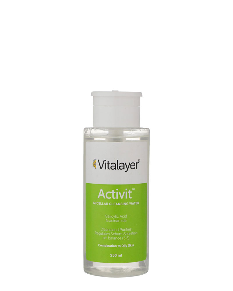خرید میسلار واتر ویتالیر مدل Activit مناسب پوست چرب حجم 250 میلی لیتر Vitalayer Activit Micellar Cleansing Water 250 ml zolfom زلفوم آموزش و فروش تخصصی مراقبت از مو و پوست
