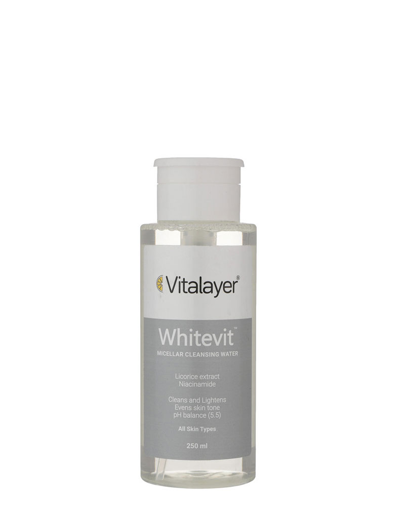 میسلار واتر ویتالیر مدل Whitevit حجم 250 میلی لیتر Vitalayer Whitevit Micellar Cleansing Water 250 ml zolfom زلفوم آموزش و فروش تخصصی مراقبت از مو و پوست
